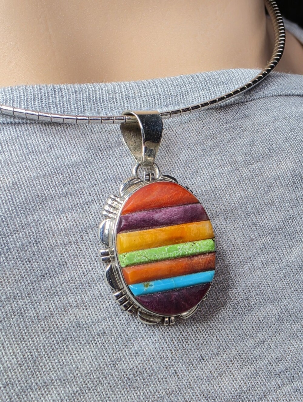 JJ Sterling Inlaid Coral, Spiny Oyster, Turquoise, Gelspite Pendant Necklace